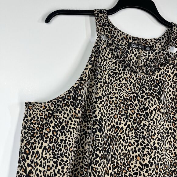 Cure 1XL Tank Top Blouse Brown Animal Print Sleeveless Cut Out Round Neckline - Picture 7 of 7